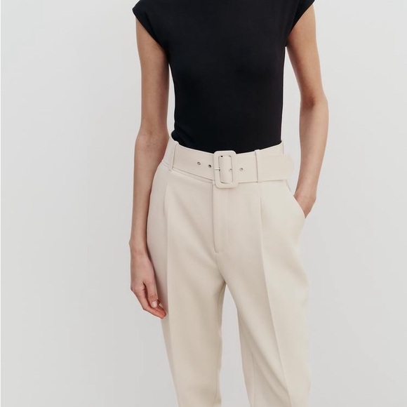 Zara cream trouser pants with fabric-covered belt - Picture 3 of 13